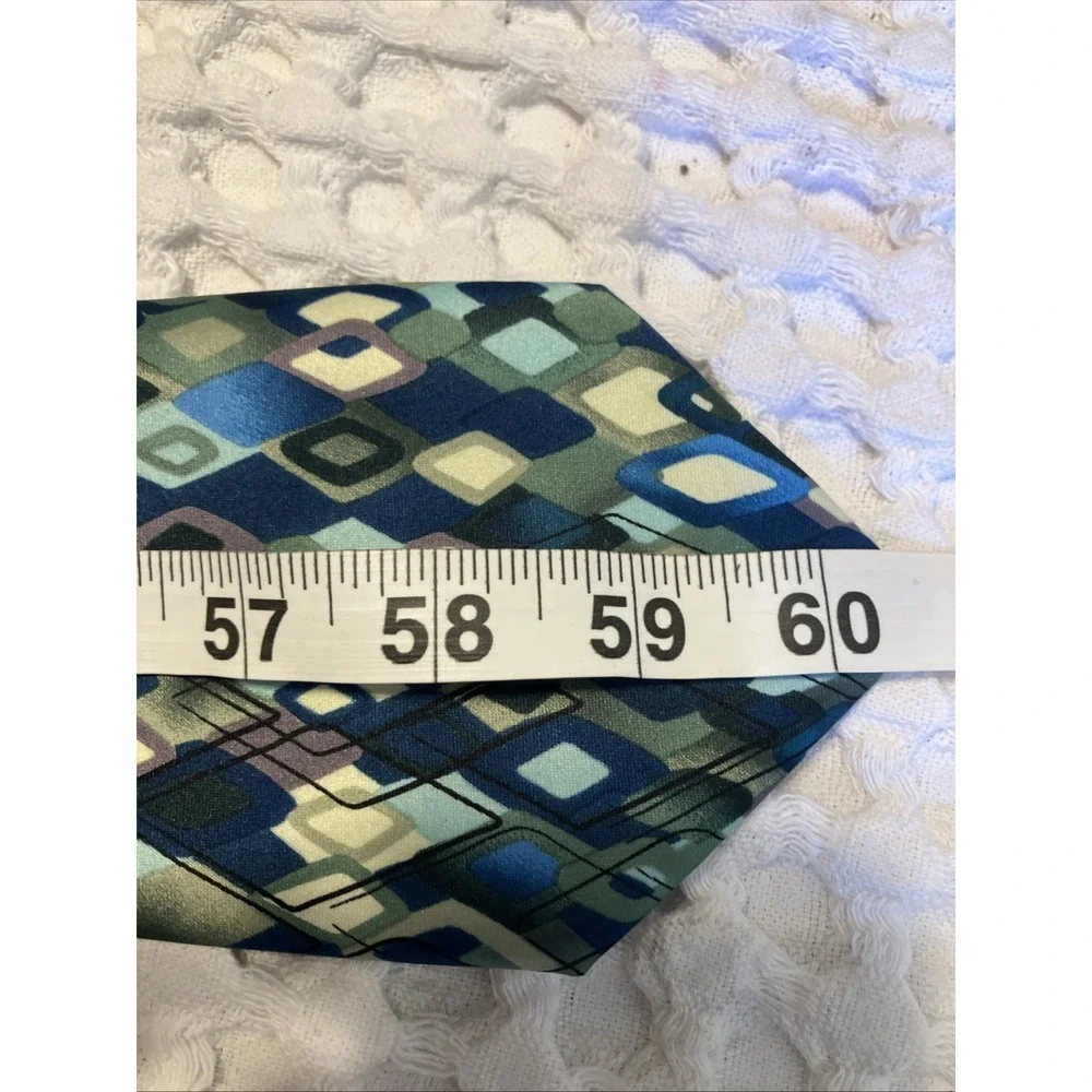 J. Garcia Mens Necktie Blue Green Geometric Diamond‎ Silk Art Series Tie 60 Inch